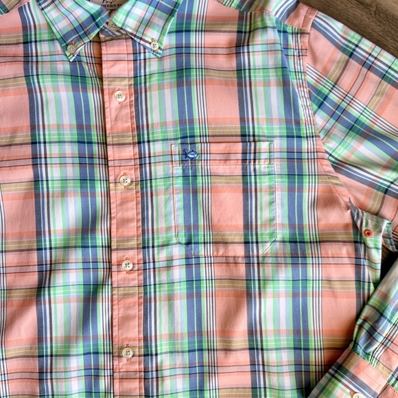 Southern Tide Medium Performance Stretch Collared Shirt Peach Green Plaid - Picture 8 of 14